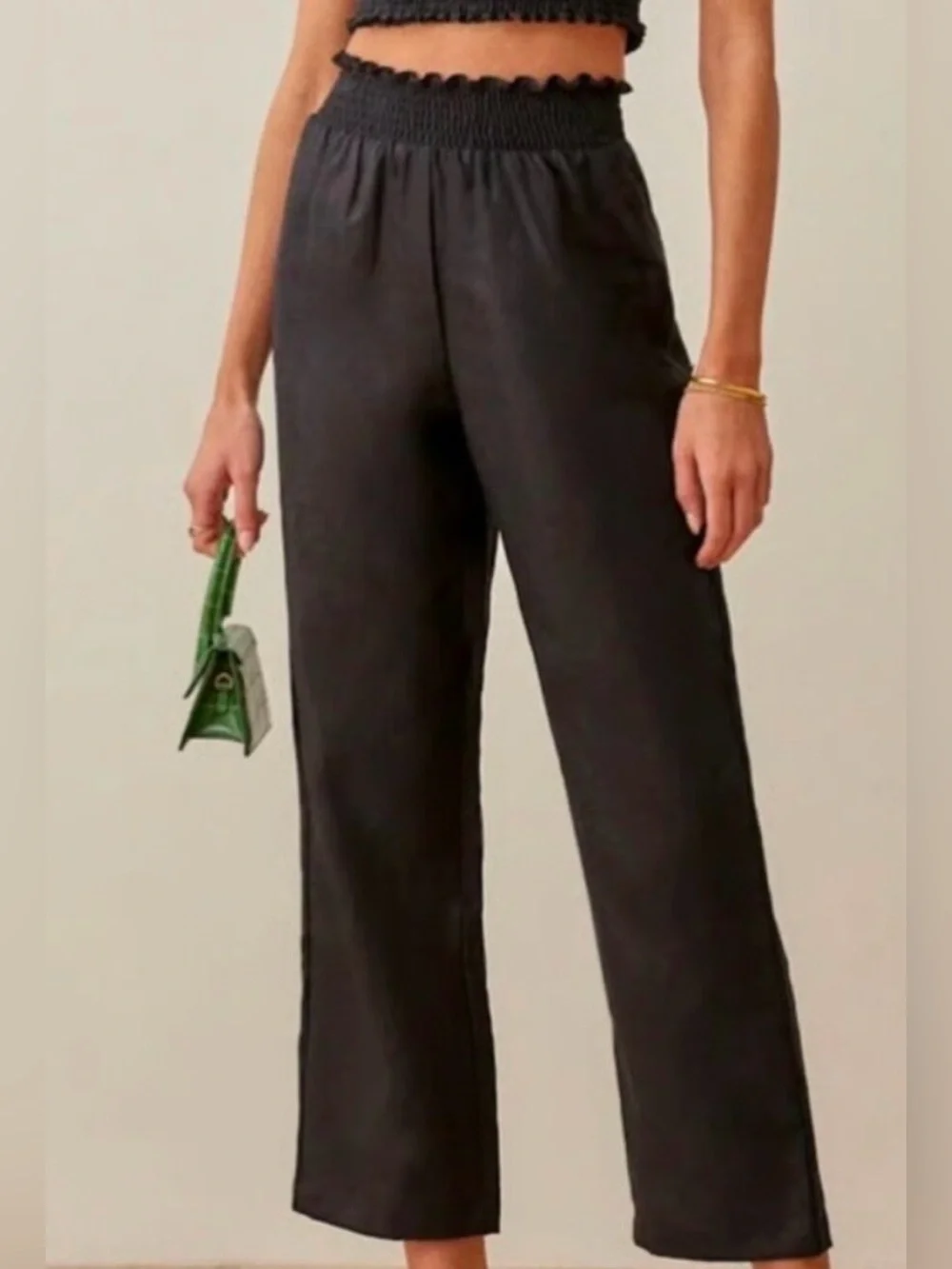 Reformation 100% Linen Smocked Paperbag Wide-Leg Pants
